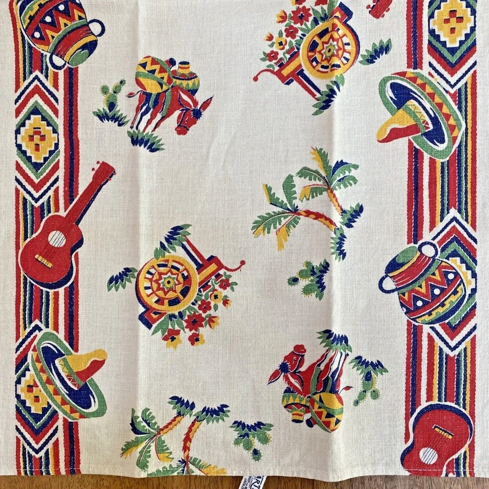 Vintage Startex Mills Cotton Linen Tea Towel Beige Red Blue Southwestern Print
